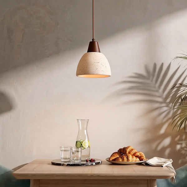 Mika slim travertine pendant light in sand beige with wooden accent