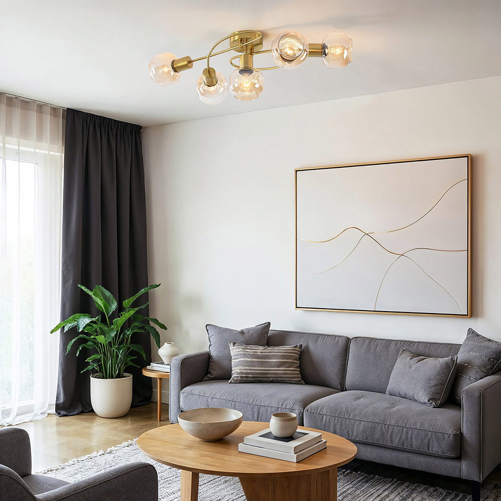 Gold detail on Aurum Five-Light Ceiling Light — Gold & Amber Glass
