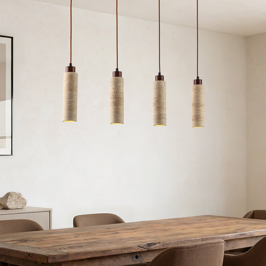 Naru travertine and wood pendant light with four spots in linear arrangement