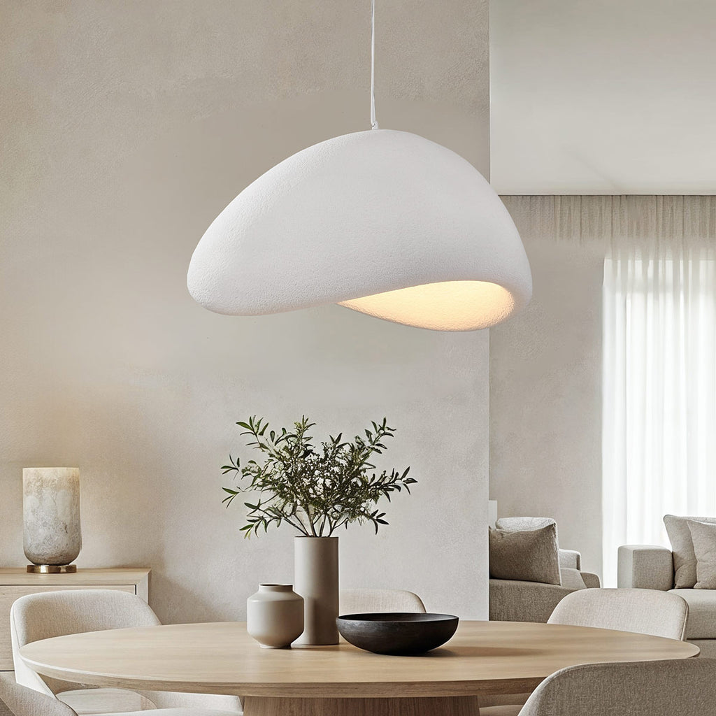 Senja cloud white stone-effect pendant light 80cm diameter hanging above dining table