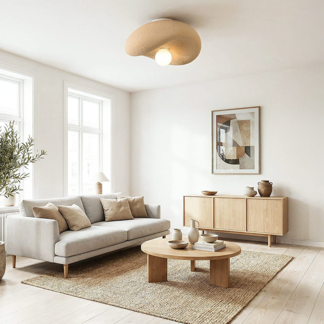 Kaia Japanese-style ceiling light illuminated, casting soft ambient glow in modern interior
