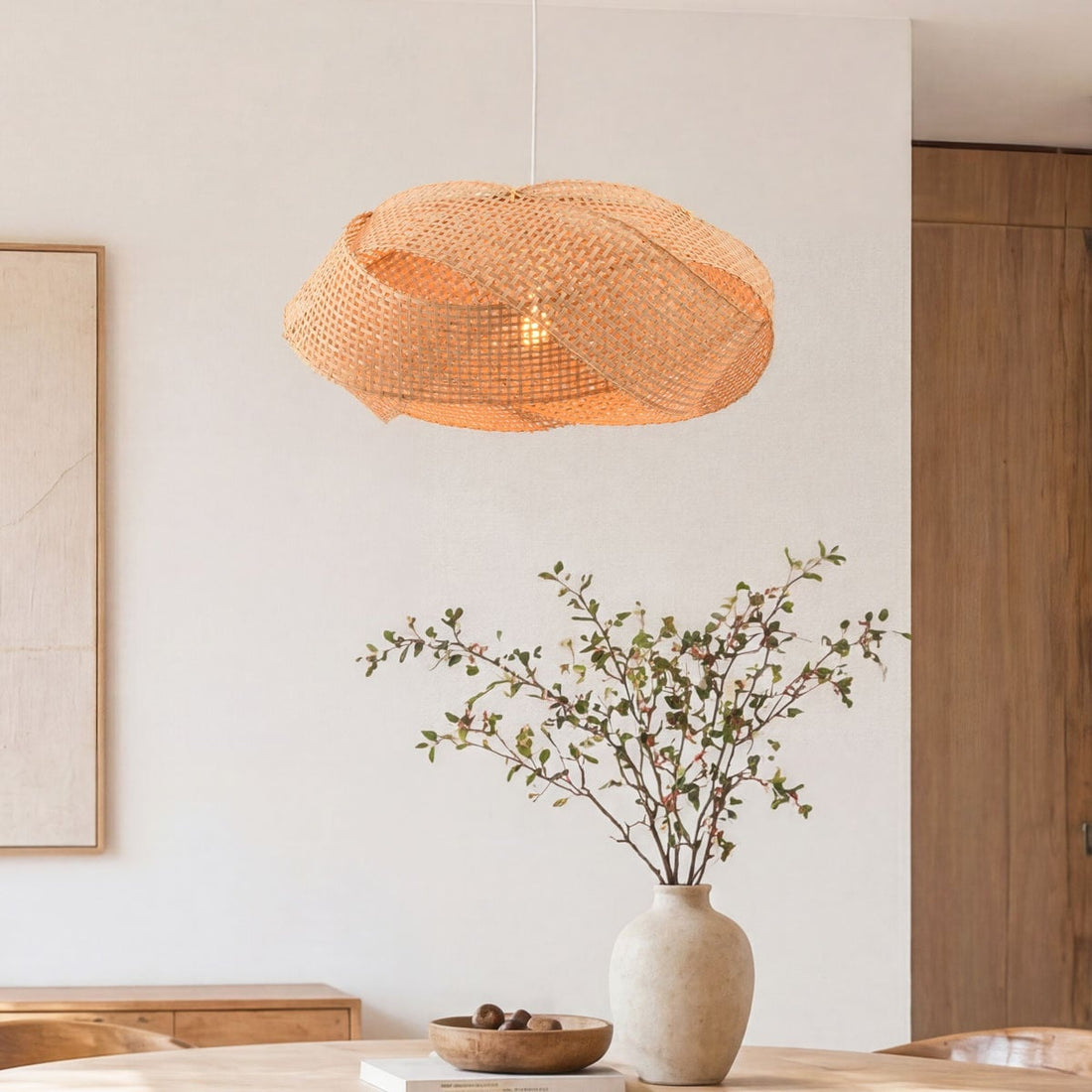 Kumi natural woven bamboo pendant light 55cm diameter hanging from ceiling