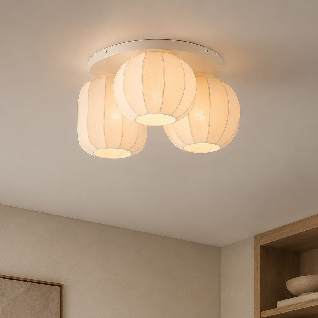 Close up of woven beige fabric shade on Hana ceiling light showing texture