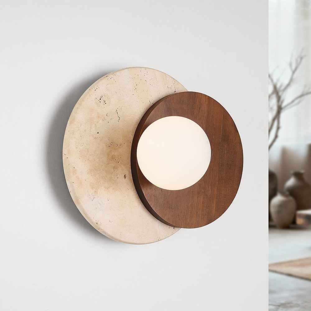 Dark wood and sand-coloured travertine detail on Yori Travertine & Wood Wall Light — Sand Beige