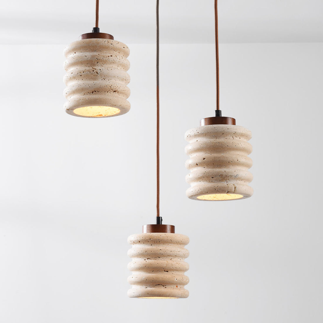 Kyoto Travertine & Wood Cylinder Pendant Light — 3 Lights