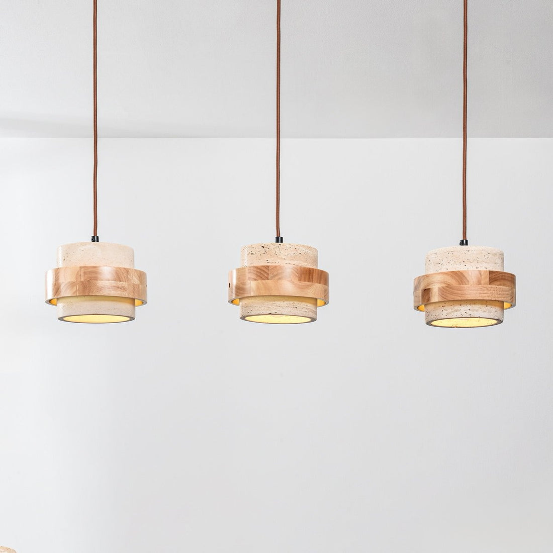 Enju Travertine & Light Wood Pendant Light — 3 Lights