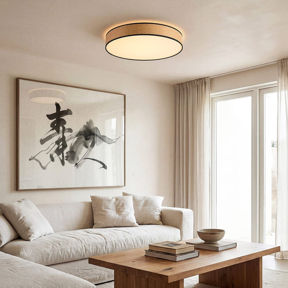 Natural and black detail on Seto Woven Seagrass LED Ceiling Light — Natural & Black, 50 cm