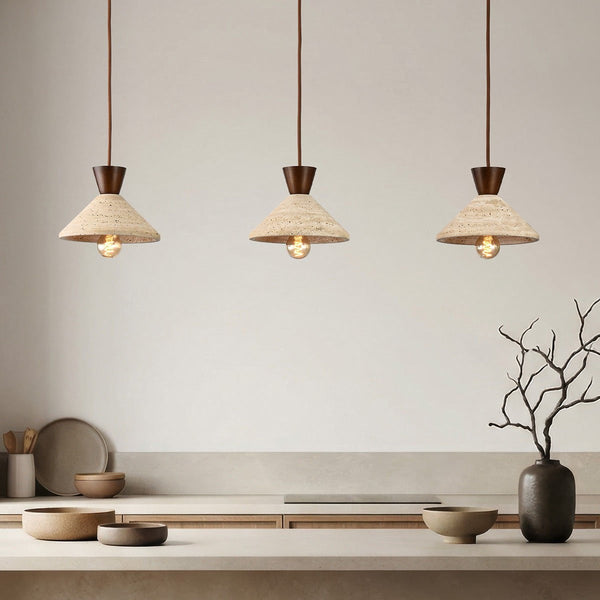 Miyo travertine and wood three light pendant lamp with conical shades