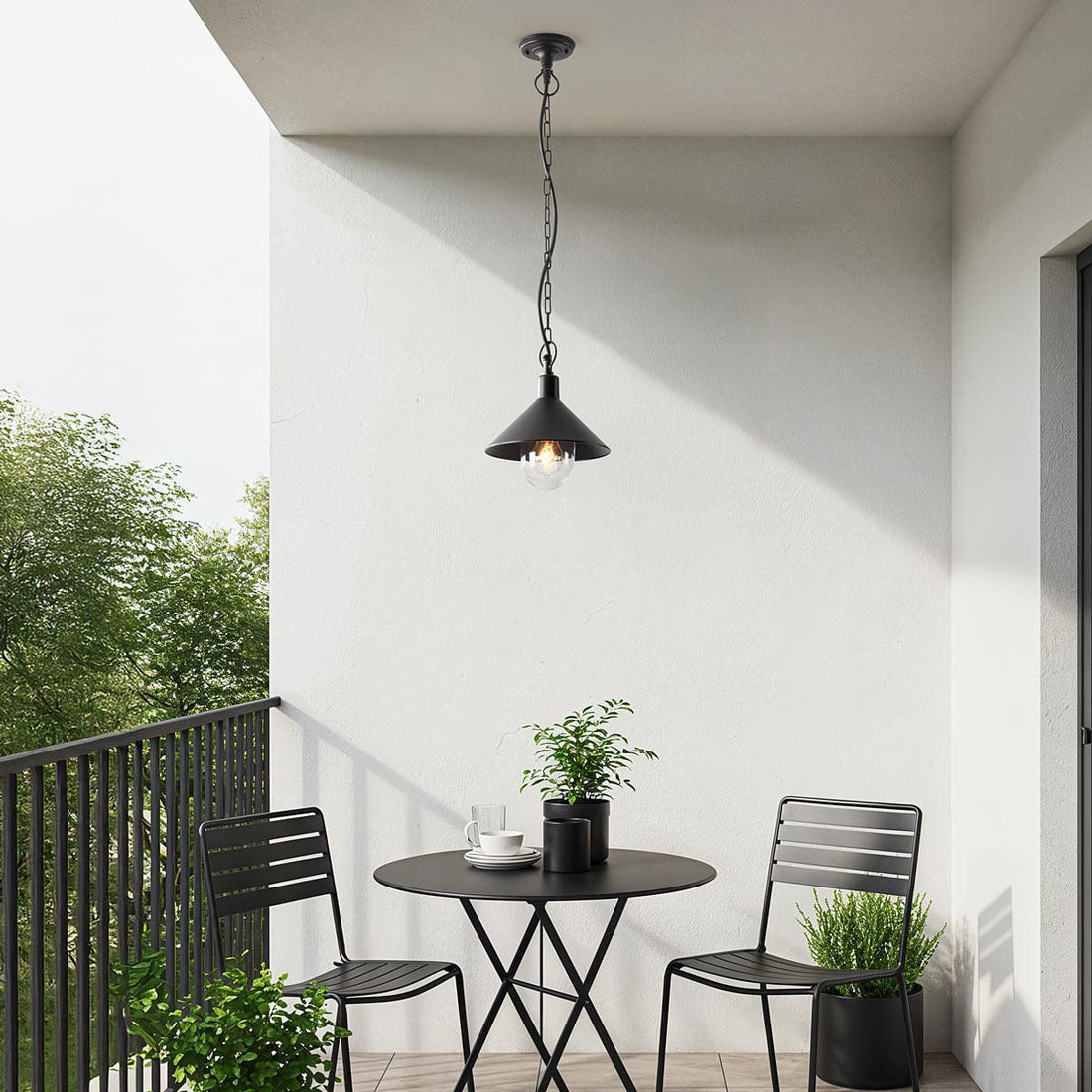 Traditional black metal outdoor pendant light with spherical glass globe detail