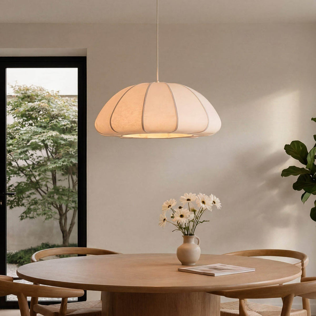 Ines off-white fabric pendant light 60cm diameter hanging in modern interior