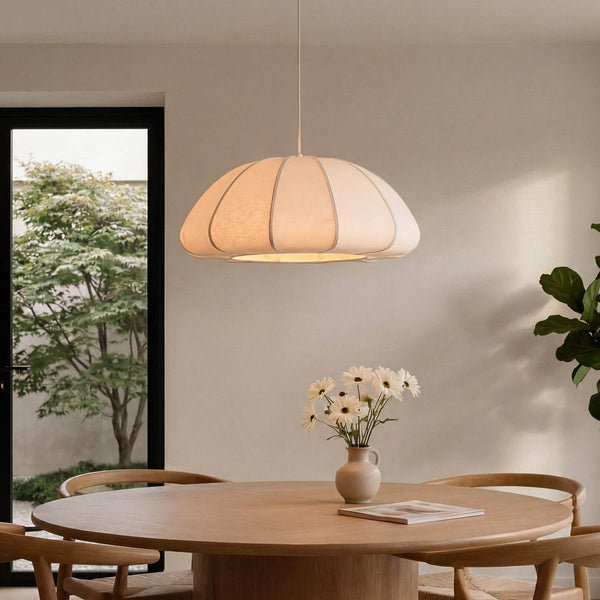 Ines off-white fabric pendant light 60cm diameter hanging in modern interior
