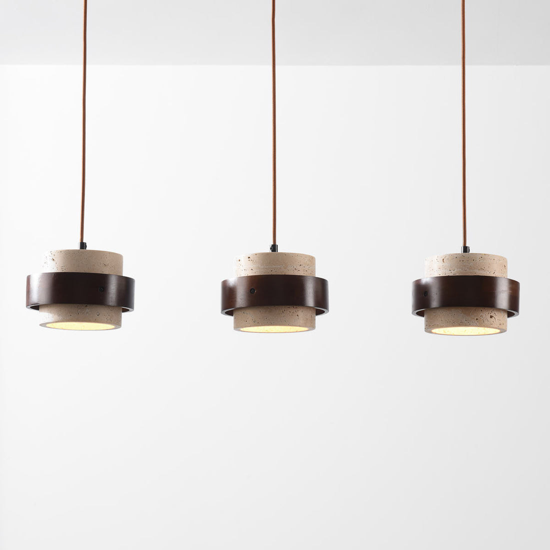 Tsumi Travertine & Wood Pendant Light — 3 Lights, Linear