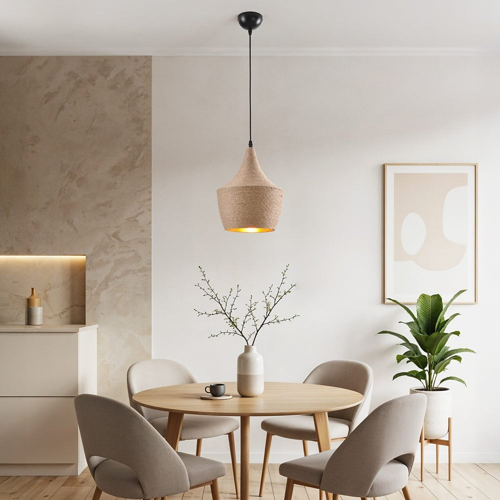 Corda Hemp Rope Pendant Light — Natural & Gold in a room