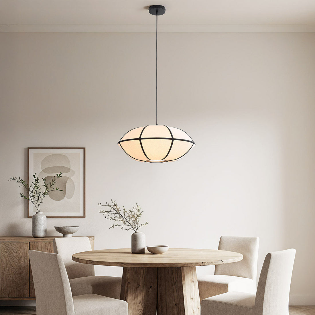 Close up of 50cm oval beige linen lampshade showing natural texture
