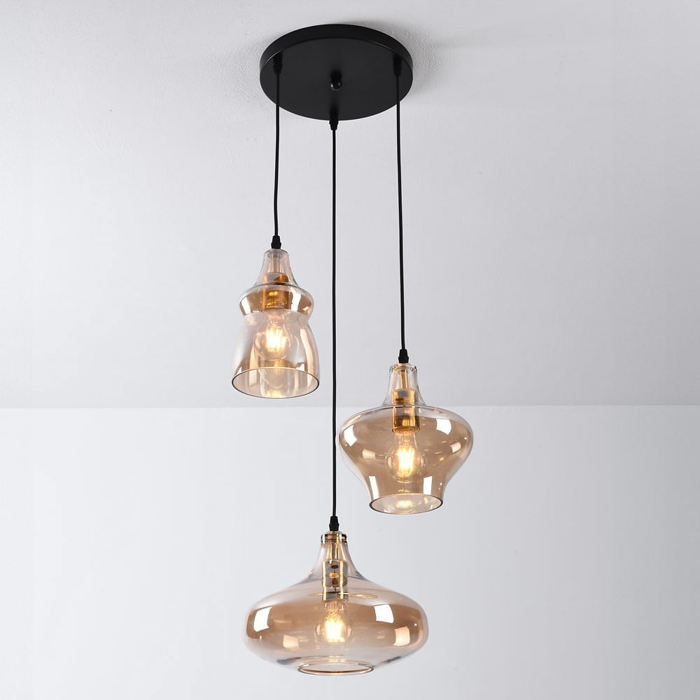 Brixton Industrial Triple Pendant Light — Black & Amber Glass
