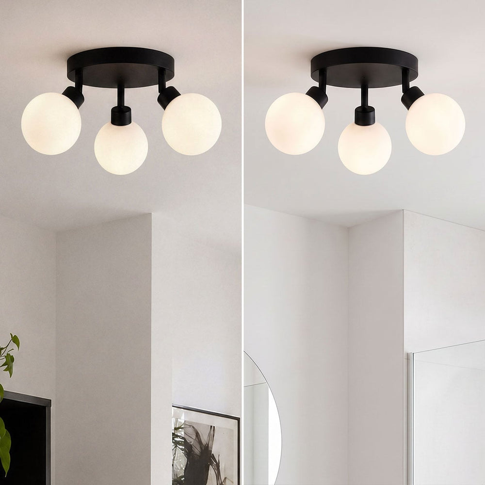 Otto Adjustable Triple Spot Ceiling Light — Black & Opal Glass, IP44 in a room