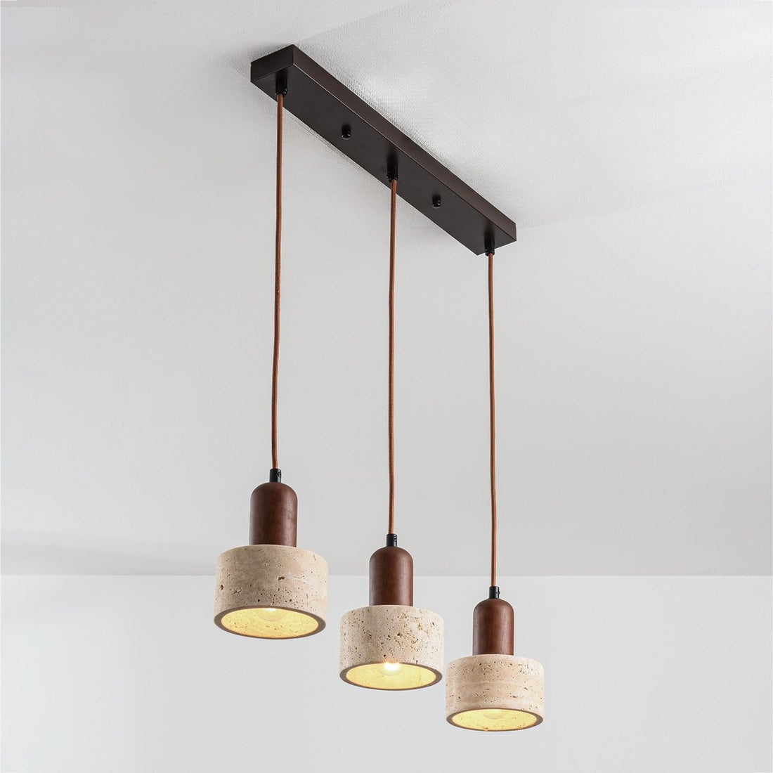 Taoka Travertine & Wood Pendant Light — 3 Lights, Linear