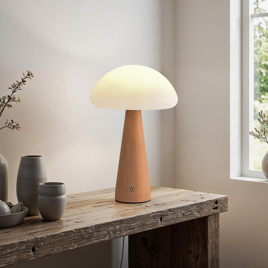 Close-up of Poppi mushroom lamp dome showing white finish and gentle lighting