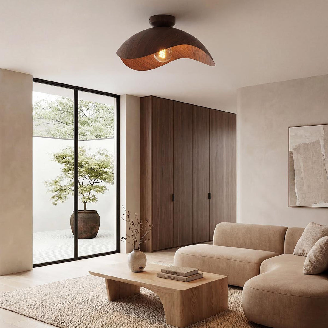 Close-up of Nami ceiling light showing organic wavy metal shade design