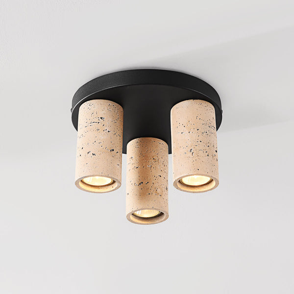 Tavo triple spot ceiling light with travertine concrete tubes and black metal finish