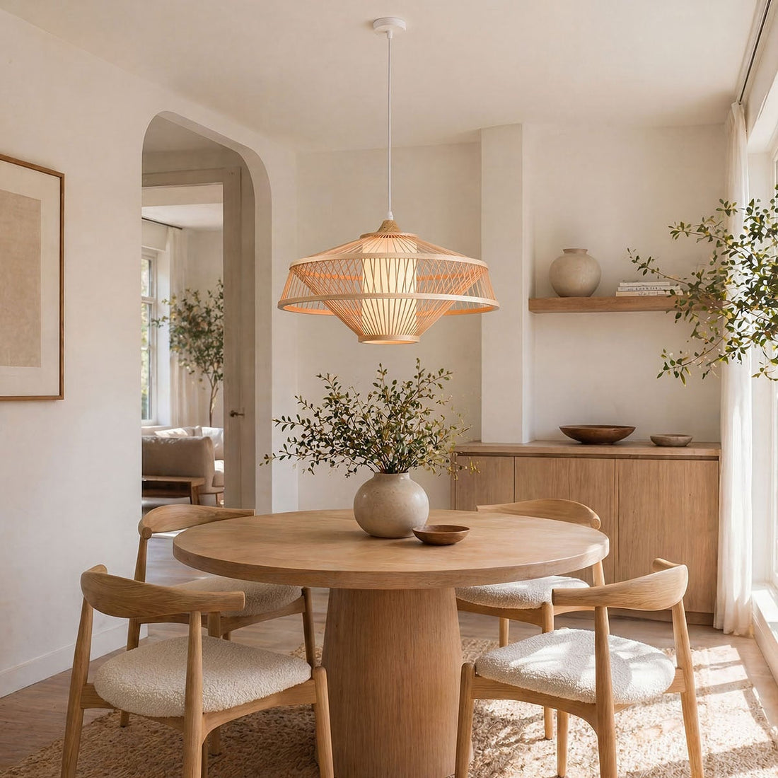 Close up of Oki 50cm geometric bamboo pendant lampshade showing open weave detail