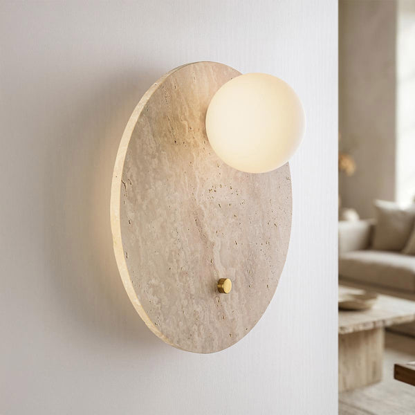 Orla large travertine globe wall light 30cm with glass sphere shade
