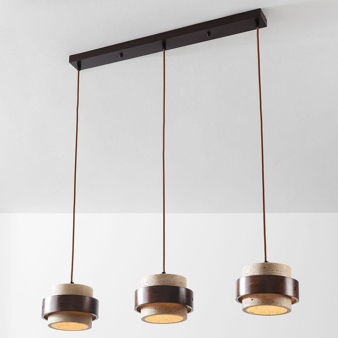 Tsumi Travertine & Wood Pendant Light — 3 Lights, Linear
