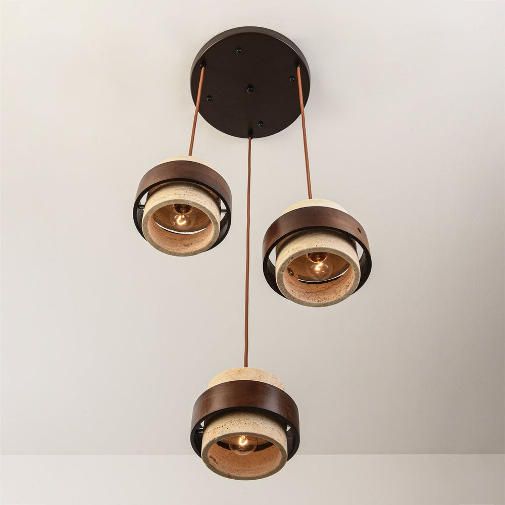 Tsumi Travertine & Wood Pendant Light — 3 Lights, Round in a room
