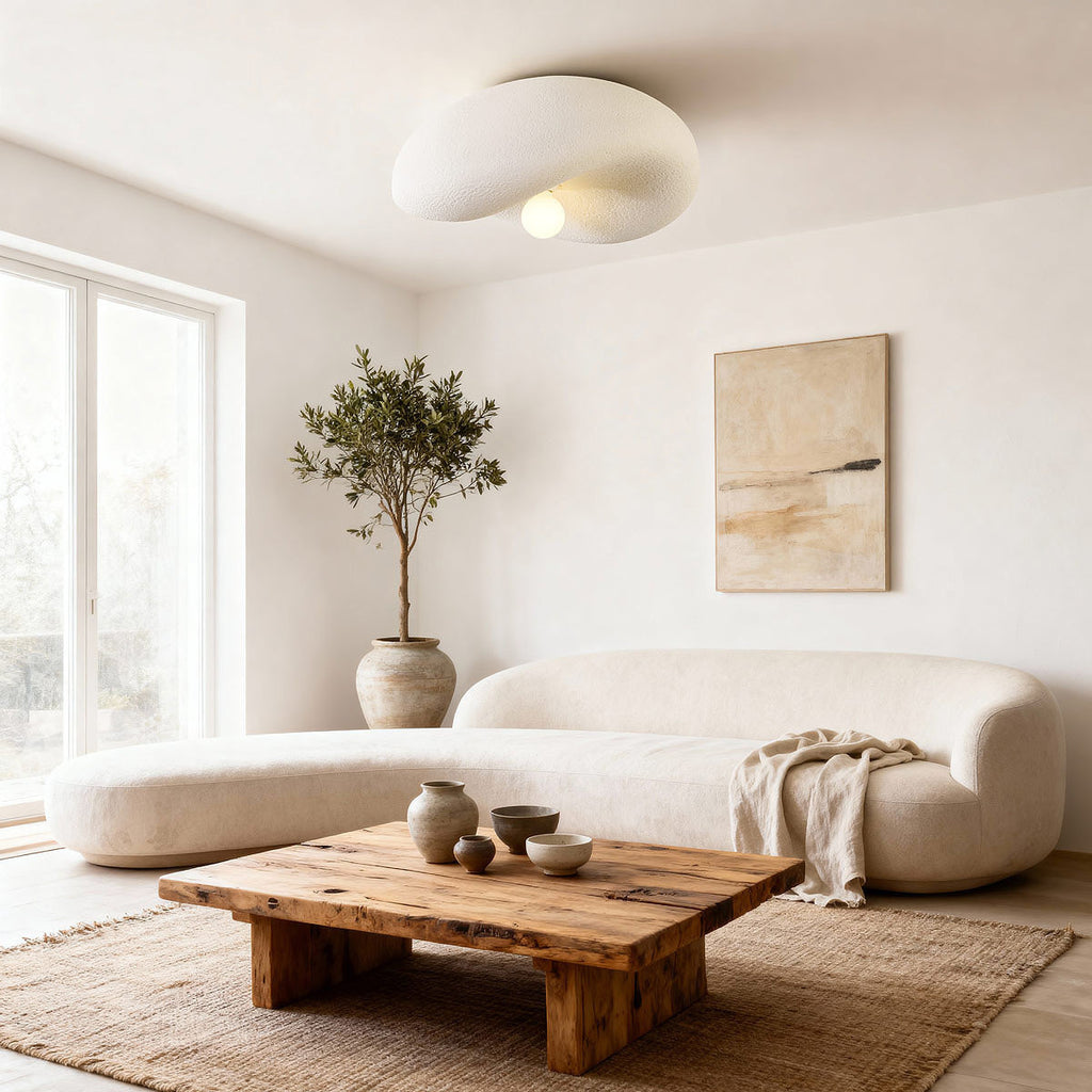 Washi flush ceiling light illuminated showing soft ambient glow in modern bedroom