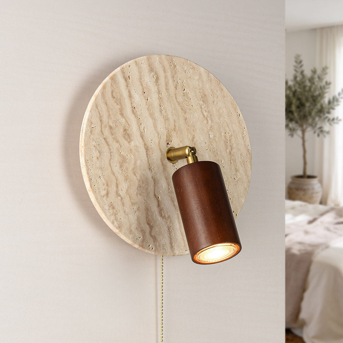 Faro travertine adjustable wall spotlight with wooden fixture mounted on white wall