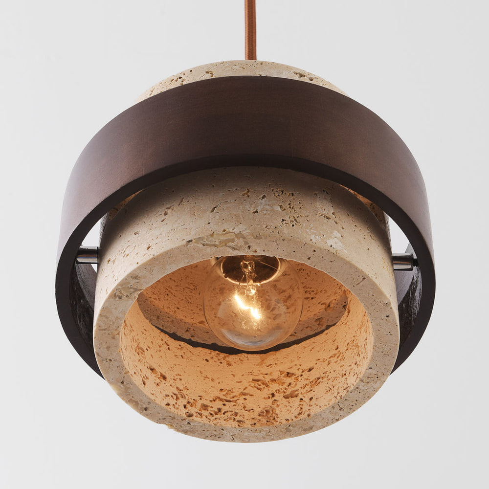 Tsumi Travertine & Wood Pendant Light — Single in a room