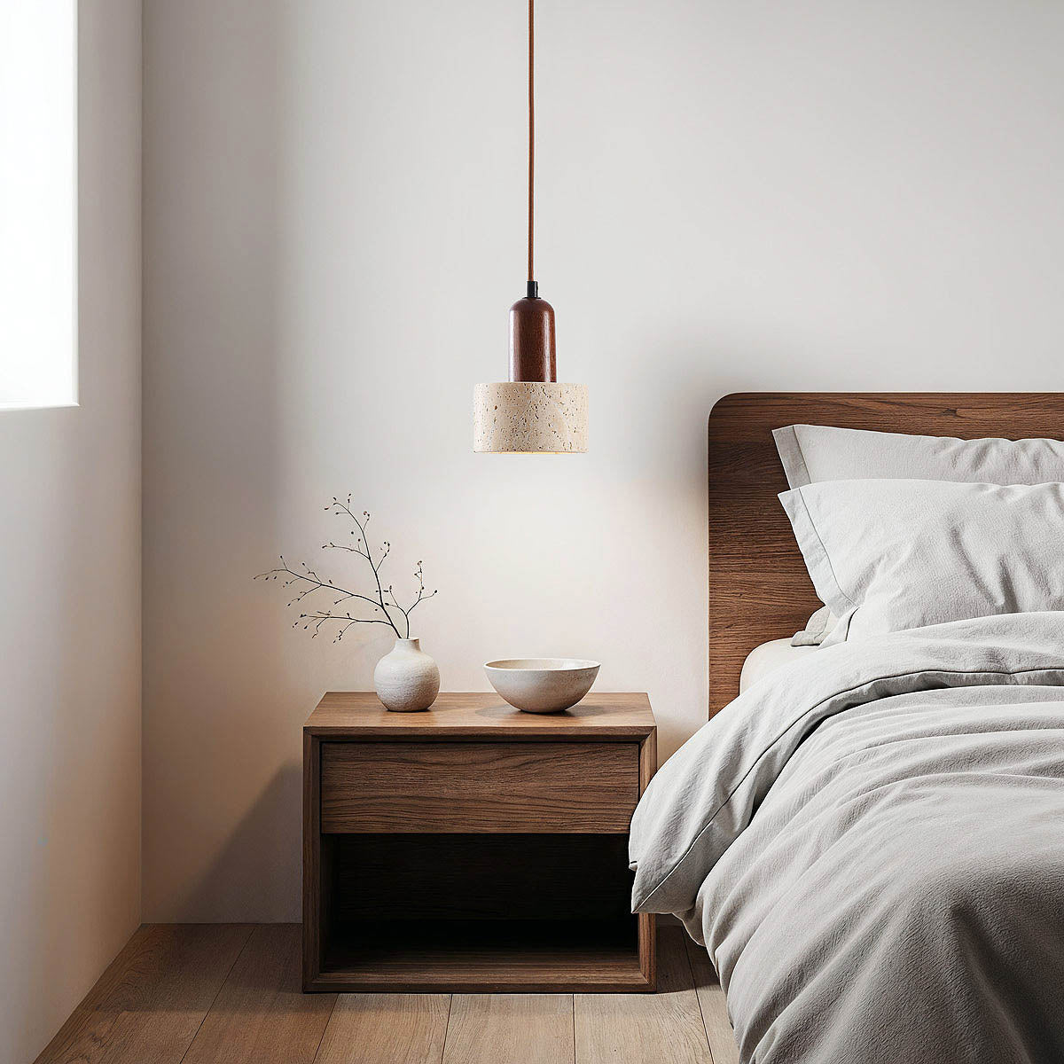 Close-up of natural travertone stone shade with warm wood detailing