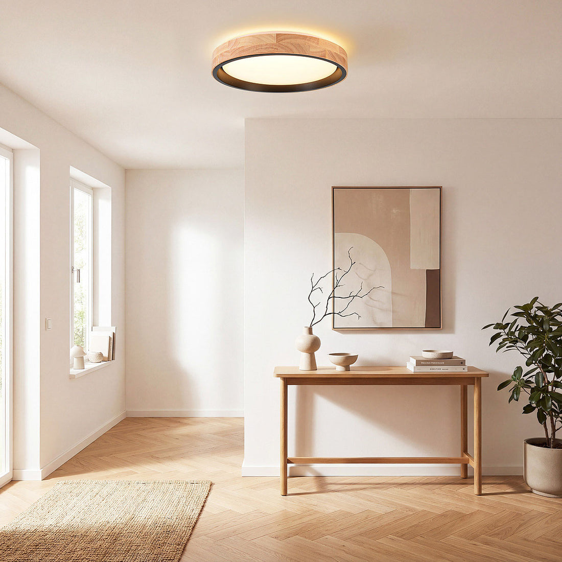 Scandinavian style Oda ceiling light showing oak rim and black inner ring