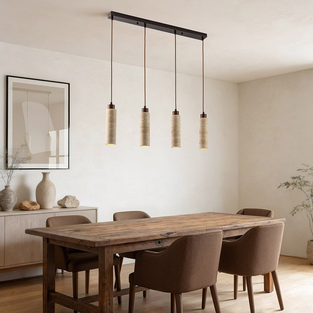 Dark brown and sand beige detail on Naru Travertine & Wood Pendant Light — 4 Spots, Bulbs Included