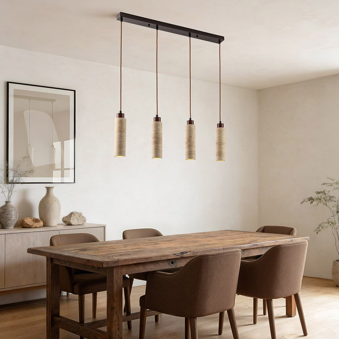 Close up of natural travertine stone and wood pendant light fixture