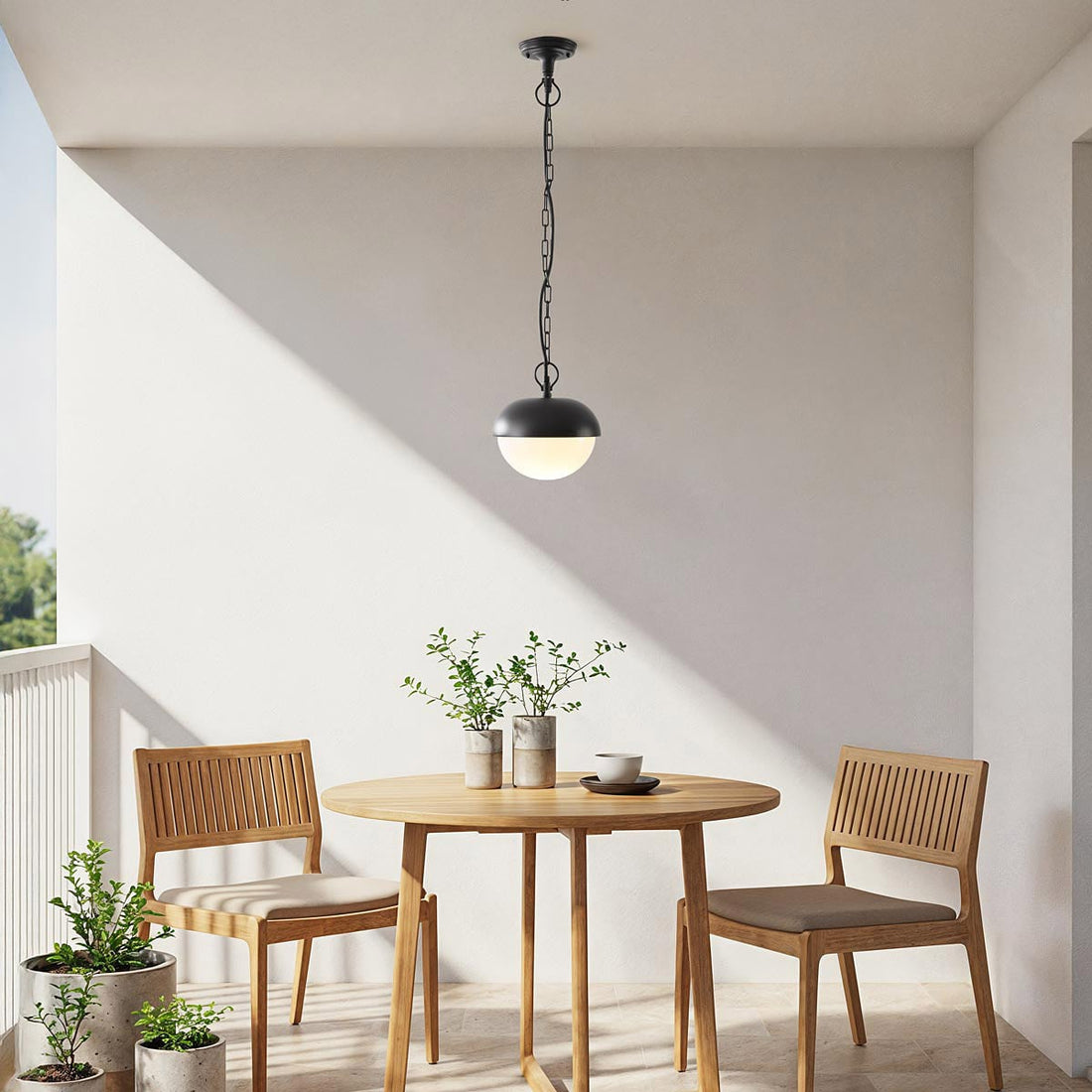 Close up of opal white glass globe diffuser on Dale outdoor pendant