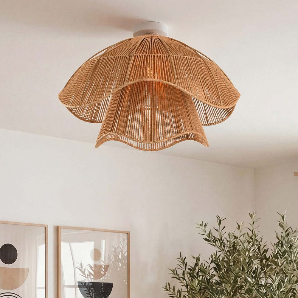 White with natural brown detail on Ravel Woven Paper Cord Ceiling Light — White & Natural