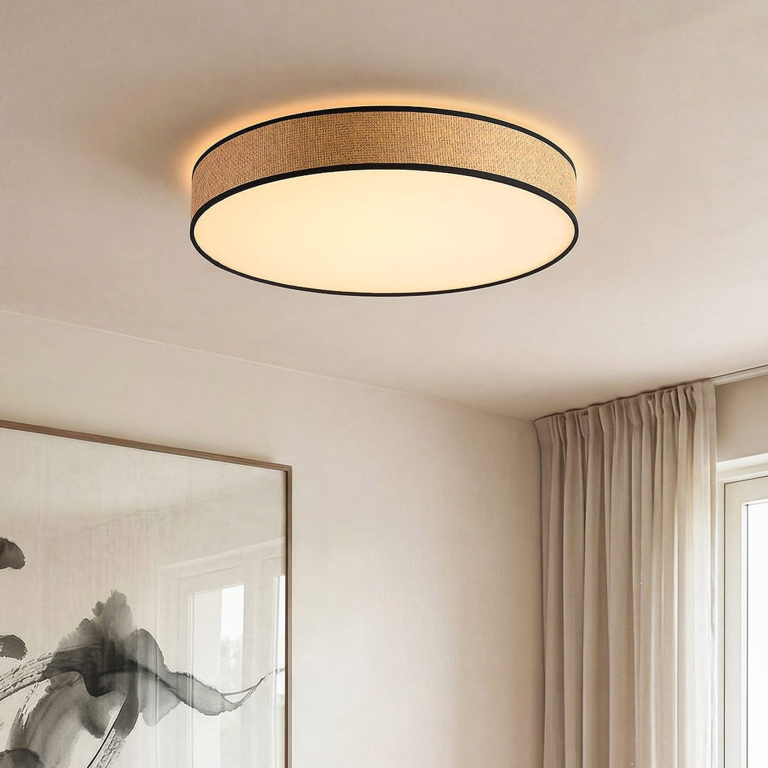 Seto woven seagrass LED ceiling light in natural and black, 50cm diameter