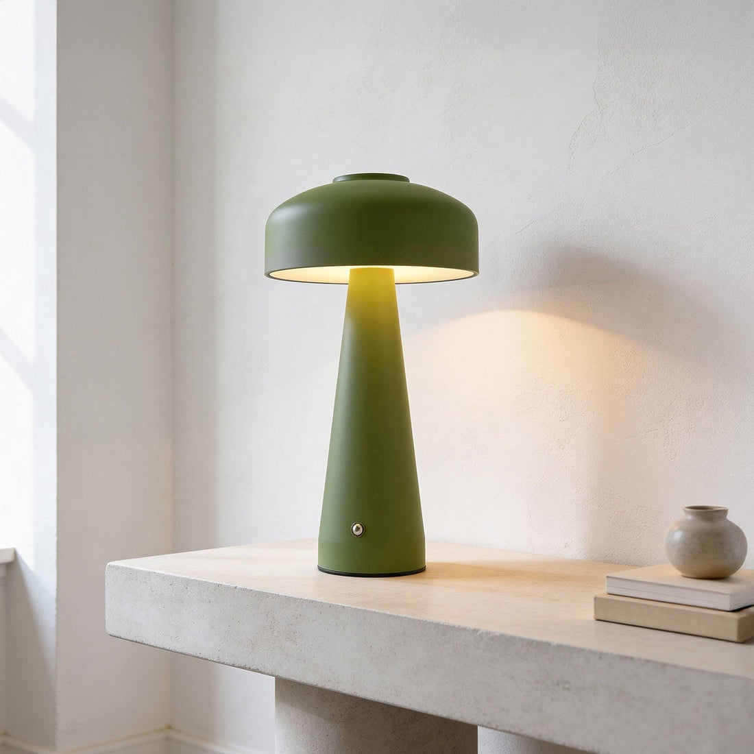 Green mushroom shaped LED table lamp showing soft ambient glow