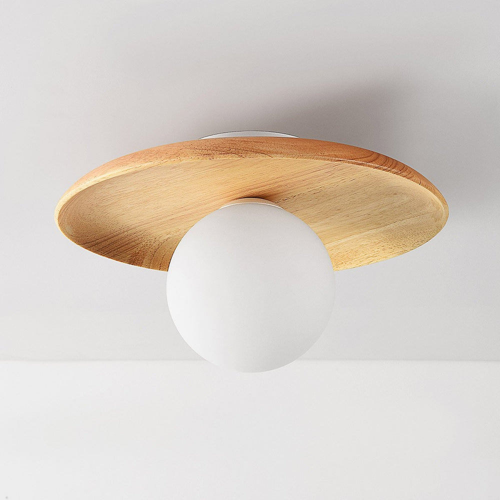 Ludo Wood & Opal Glass Ceiling Light — Light Wood after dark