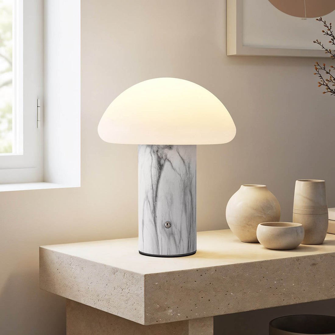Nila cordless mushroom shaped lamp in white showing soft ambient lighting