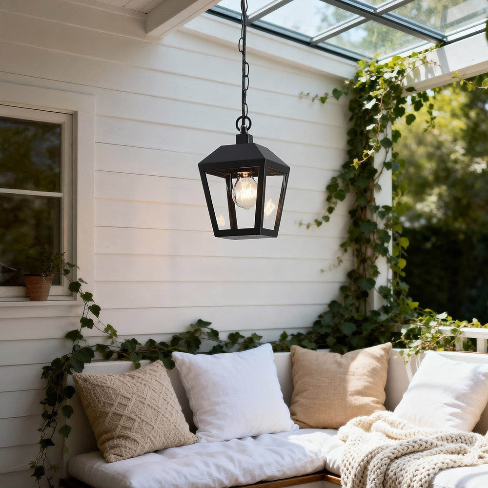 Cairn Rustic Lantern Outdoor Pendant Light — Black in a room