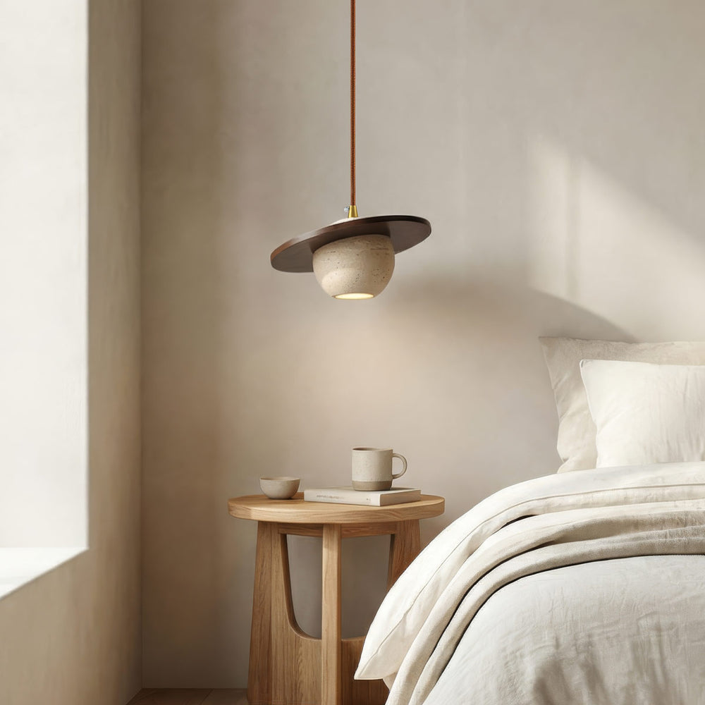 Tomo Travertine & Wood Pendant Light — Single, 20 cm in a room