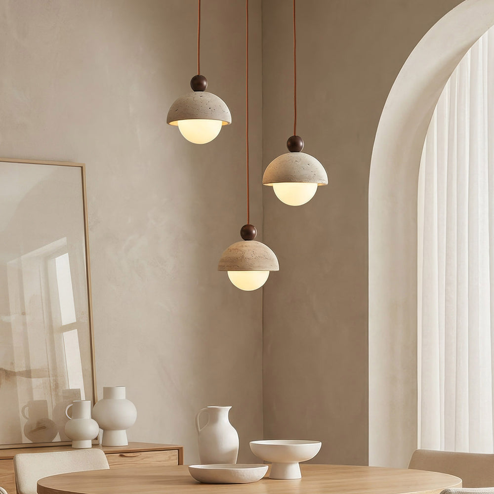 Opale Travertine & Opal Glass Pendant Light — 3 Lights in a room