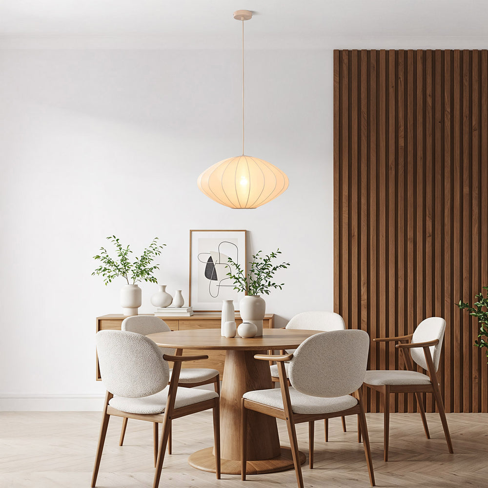 Nell Fabric Drum Pendant Light — Beige, 48 cm in a room