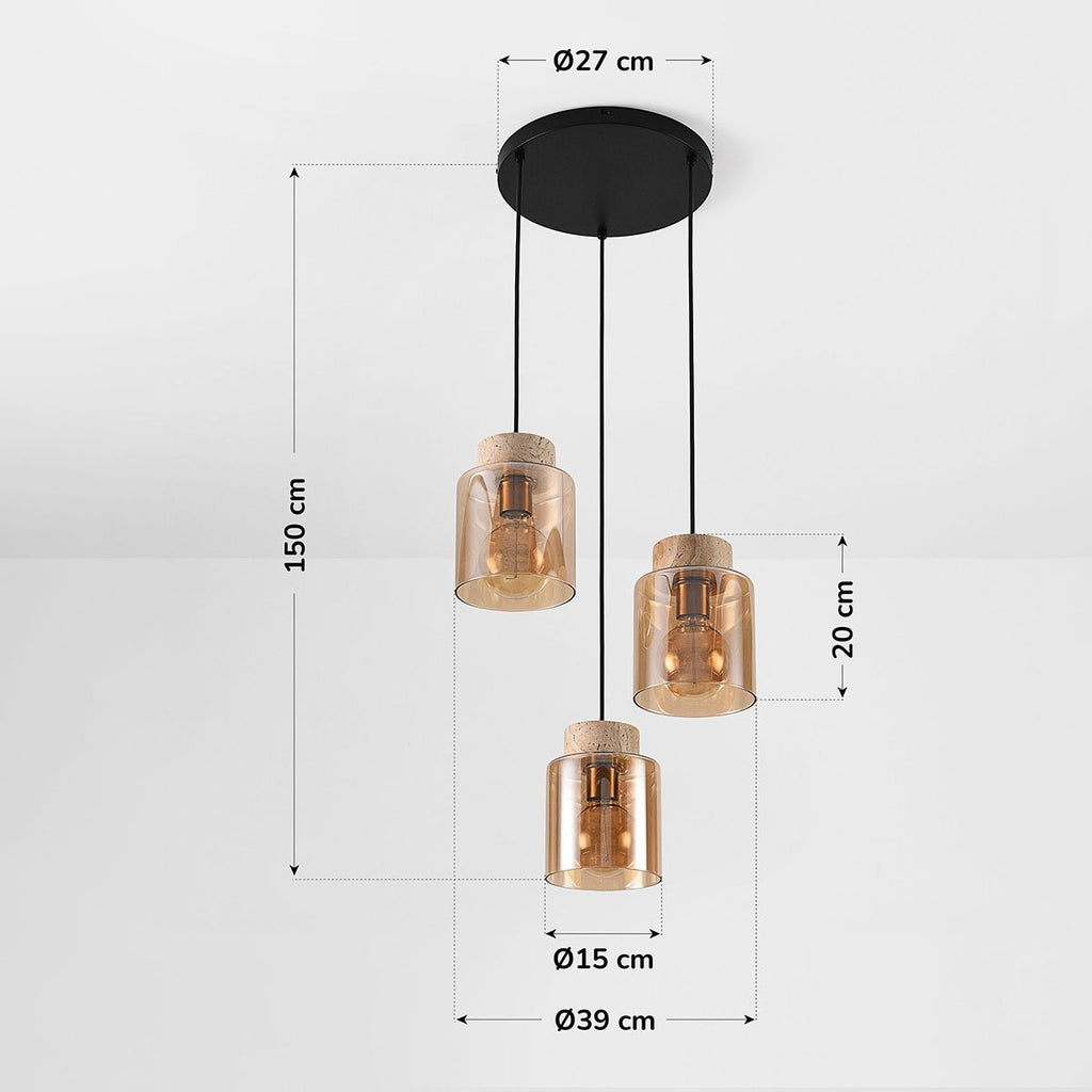 Akiko Travertine & Amber Glass Pendant Light — 3 Lights