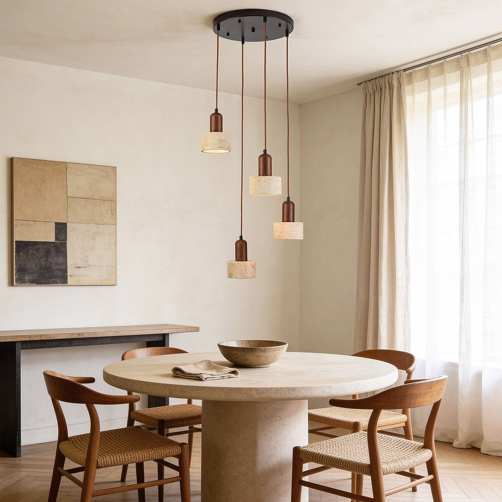 Close up of natural travertine shade on wooden circular pendant mount