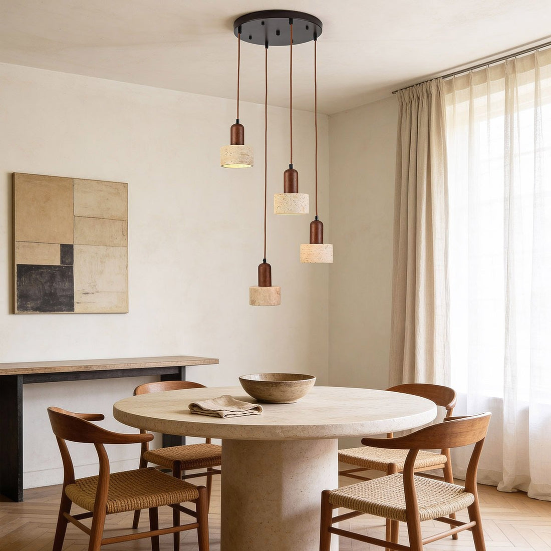Close up of natural travertine shade on wooden circular pendant mount
