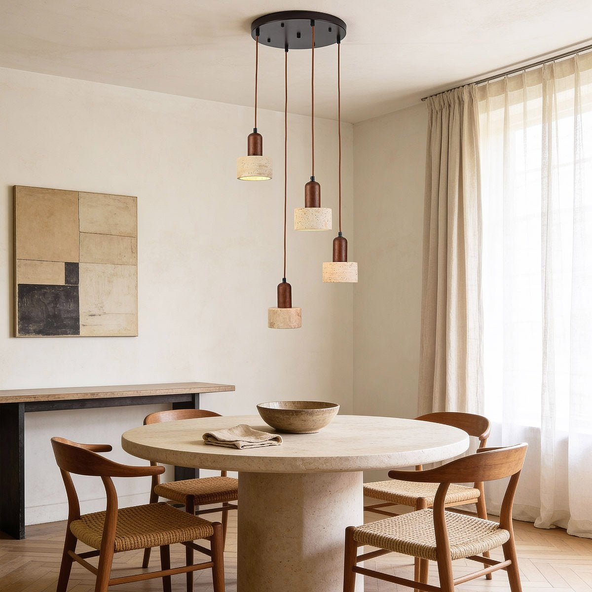 Close up of natural travertine shade on wooden circular pendant mount