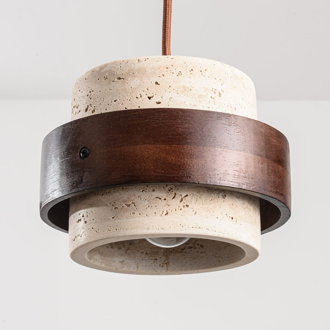 Tsumi travertine and wood two light pendant fitting with brown textile cables